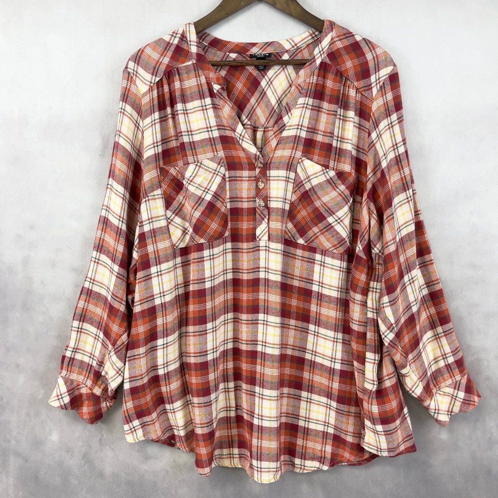 Women's Plaid Button-Front Tunic Top - Red Plaid